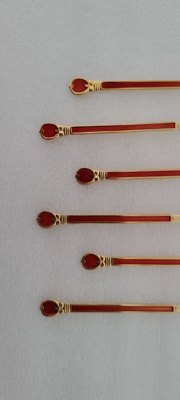 Set of 6 Vintage Japanese Red Enamel Cocktail / Hors d'Oeuvre Forks – 12 cm – Gold-Tone Finish