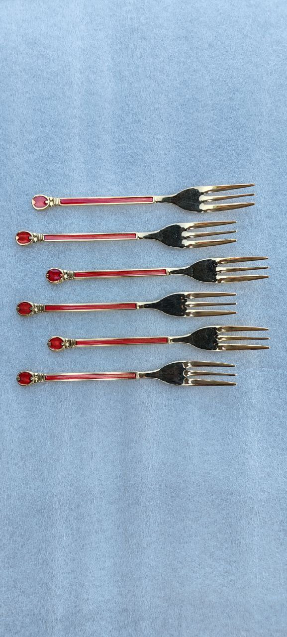 Set of 6 Vintage Japanese Red Enamel Cocktail / Hors d'Oeuvre Forks – 12 cm – Gold-Tone Finish