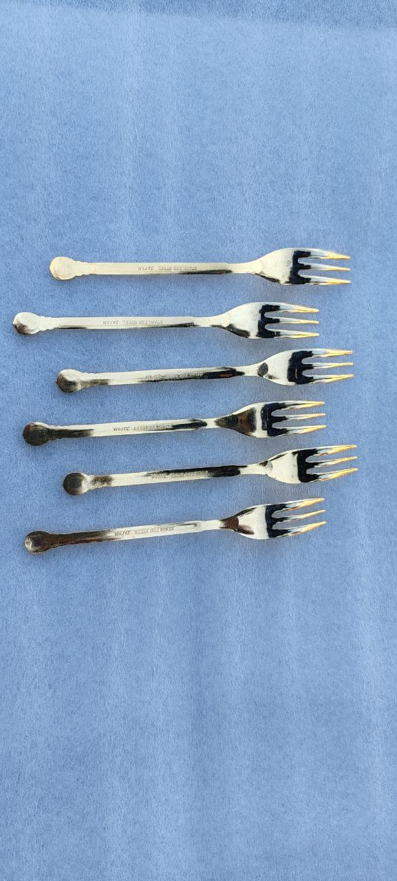 Set of 6 Vintage Japanese Red Enamel Cocktail / Hors d'Oeuvre Forks – 12 cm – Gold-Tone Finish