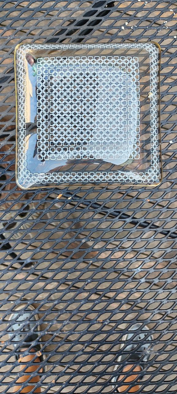 Vintage German Square Glass Plate – 19x19 cm – Intricate White Lattice Design – Excellent Condition