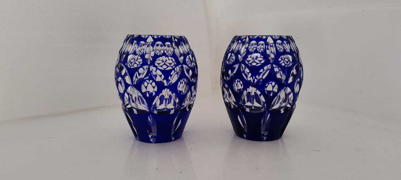 Pair of Deep Blue Cut Crystal Vases – Hand-Cut Bohemian Style