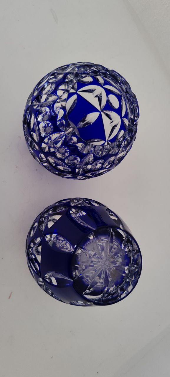 Pair of Deep Blue Cut Crystal Vases – Hand-Cut Bohemian Style