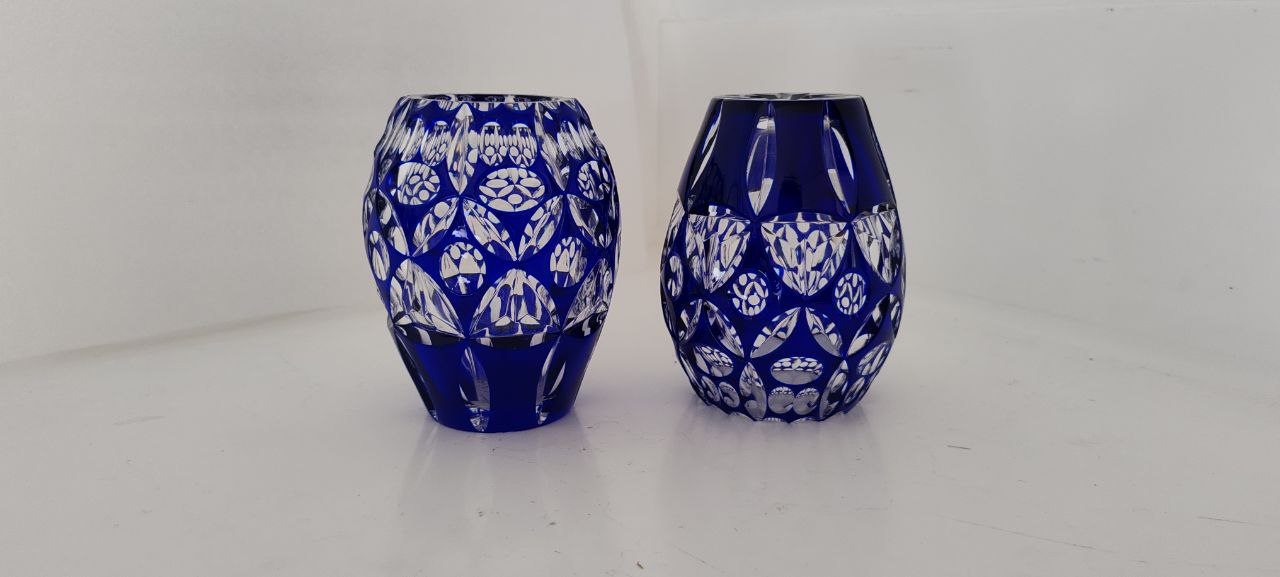 Pair of Deep Blue Cut Crystal Vases – Hand-Cut Bohemian Style