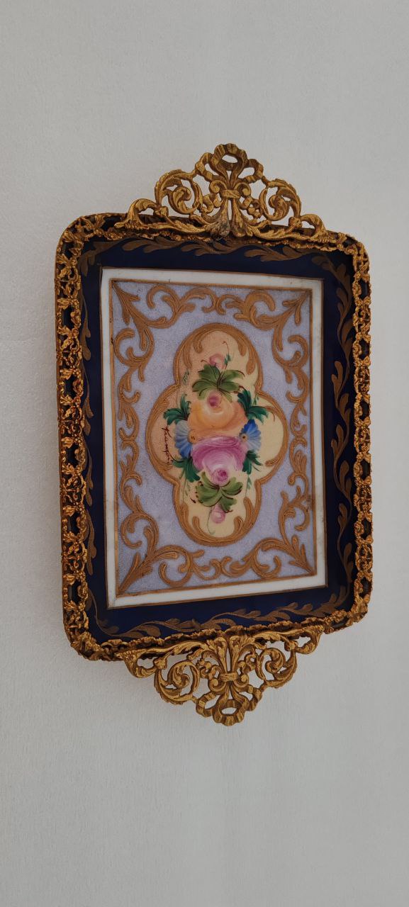 Antique Limoges France Hand Painted Porcelain Tray with Gilded Bronze Handles