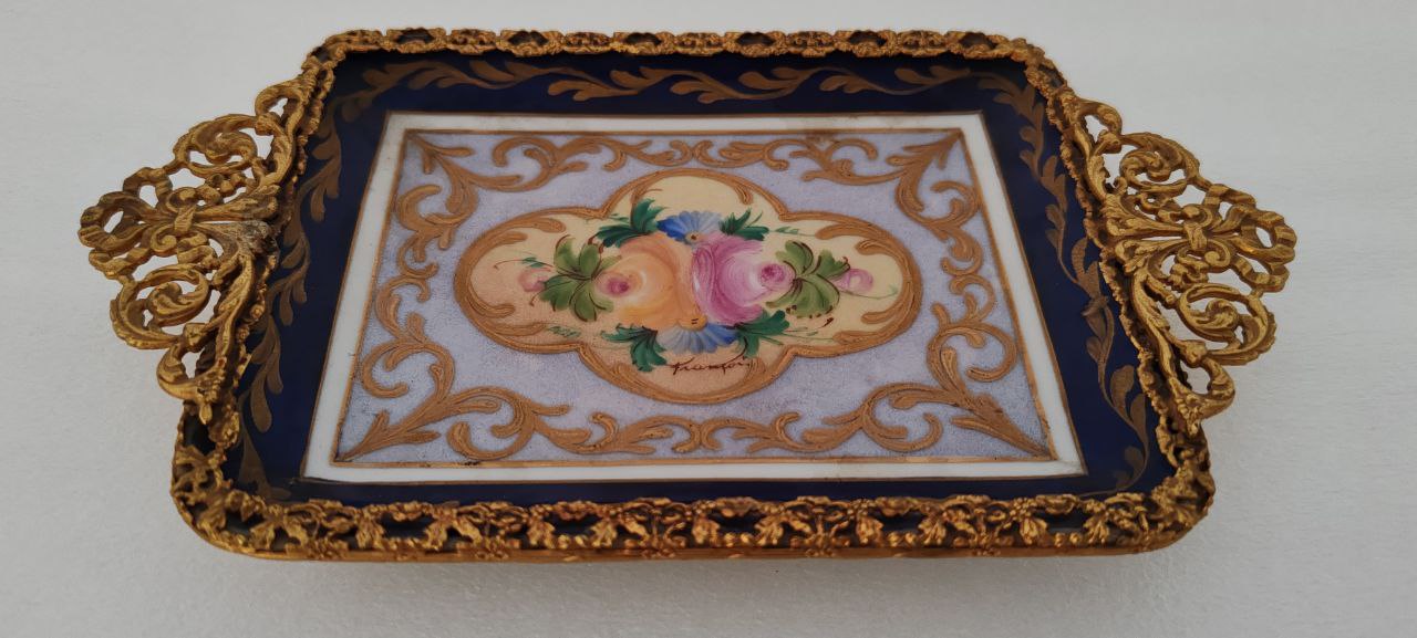 Antique Limoges France Hand Painted Porcelain Tray with Gilded Bronze Handles