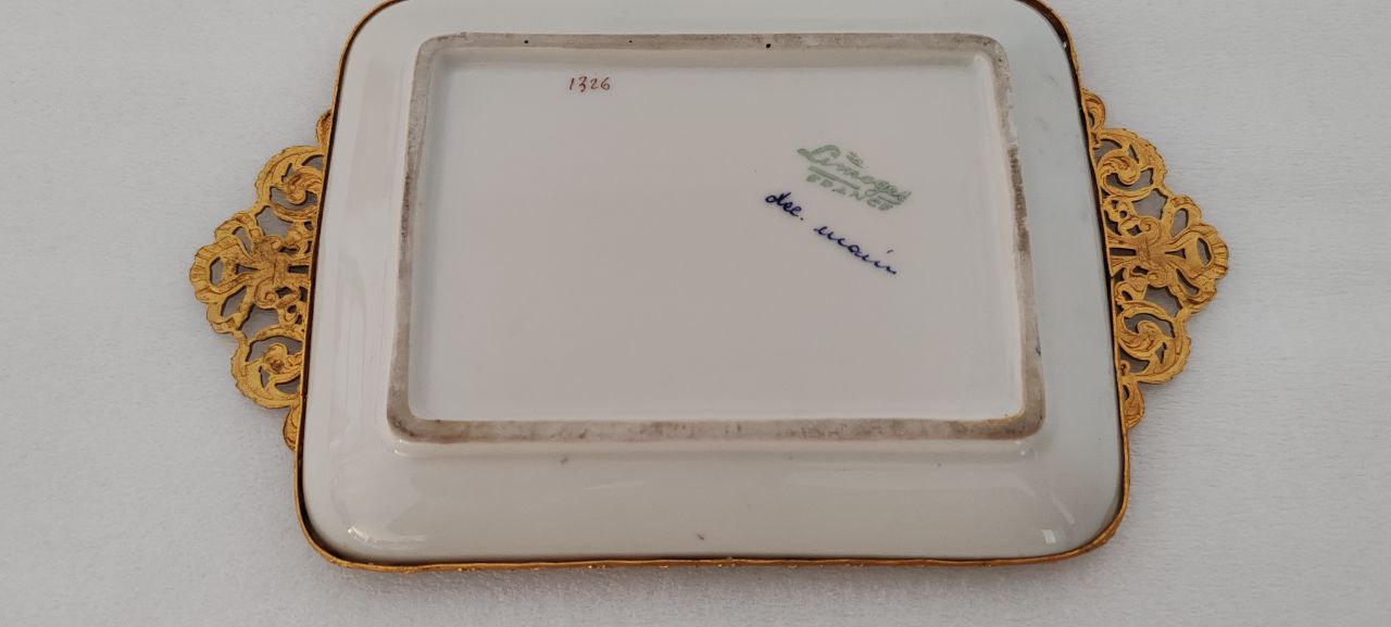 Antique Limoges France Hand Painted Porcelain Tray with Gilded Bronze Handles