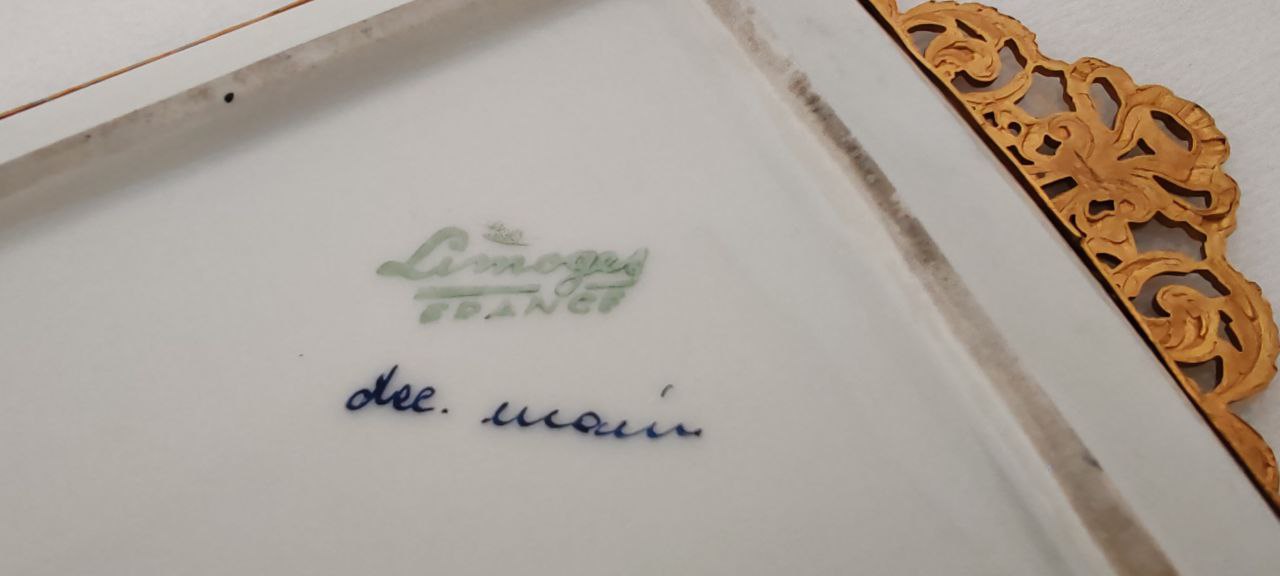 Antique Limoges France Hand Painted Porcelain Tray with Gilded Bronze Handles