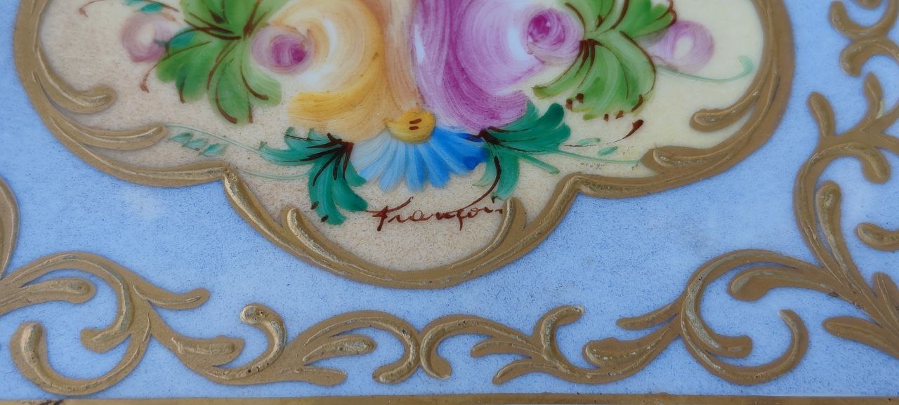 Antique Limoges France Hand Painted Porcelain Tray with Gilded Bronze Handles